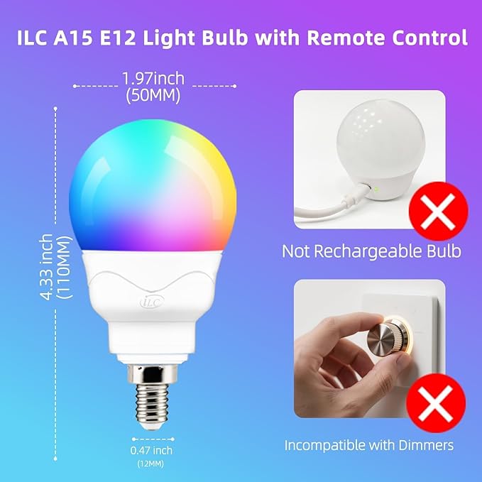 ILC E12 LED Light Bulbs (40w Equivalent) 5W, Color Changing RGB, A15 Small Base Candelabra Round Light Bulb, Candle Base, 2700K Warm White 12 Colors 2 Modes Timing with Remote Control (4 Pack)