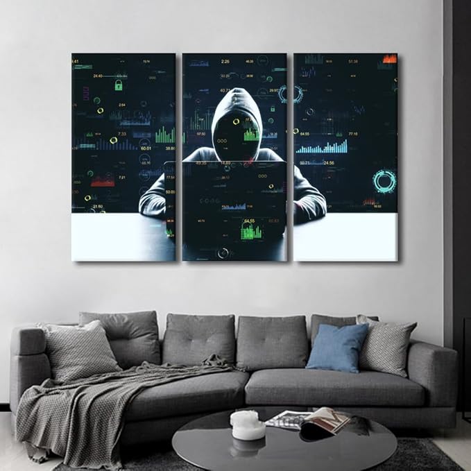 3 Pieces Canvas Wall Art Hacker Malware Framed Art Prints AI Big Data Artwork Prints on Canvas Hacker Giclee Gallery-Wrapped Posters and Prints Modern Home Decor Framed Ready to Hang, 60" Wx40 H