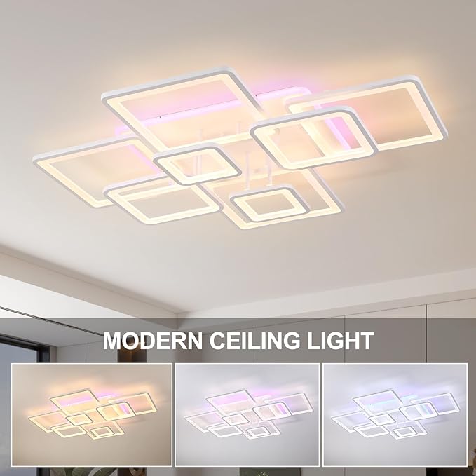 Modern LED Ceiling Light, 100W Dimmable LED Chandelier Black Flush Mount Ceiling Lights, Remote Control Acrylic Ring Ceiling Lamp Fixture for Living Room Dining Room Bedroom,White,3000-6000K