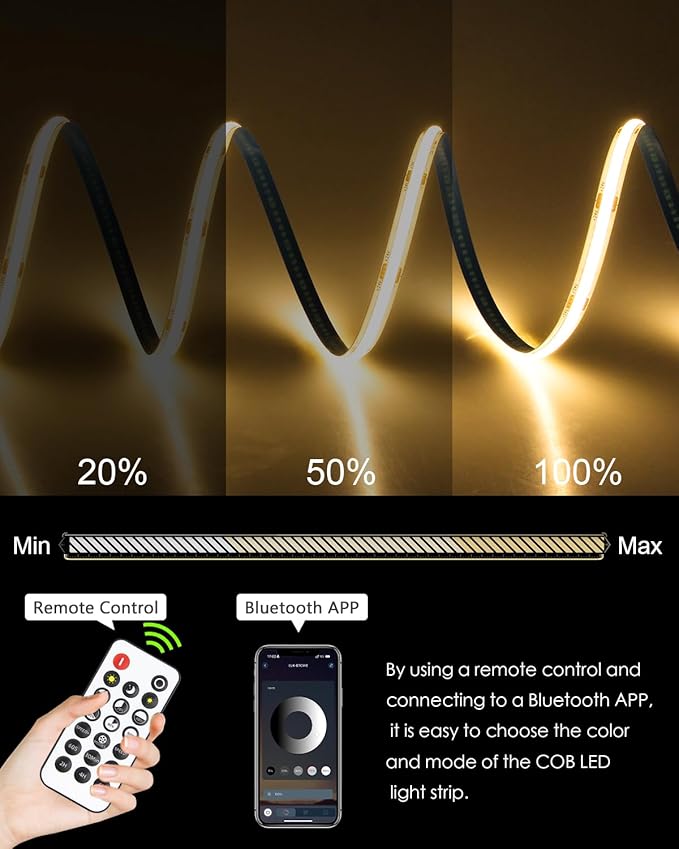 65.6FT/Roll COB Led Strip Lights 3000K 24V with Dam-Process Dimmable LED Light Strip with Remote/App CRI 90+ Warm White 480LED/M Super Bright Flexible LED Tape Light for Bedroom Cabinet DIY Lighting