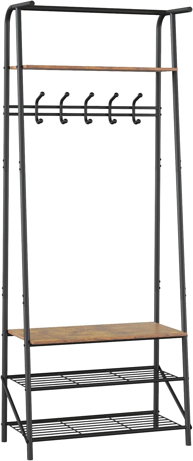 25" Coat Rack Hall Tree with Hooks, 4-Tier Shelf Entryway Storage Hall Tree Freestanding Metal Frame Multifunctional Hallway Organizer, Accent Furniture for Bathroom, Shoe Bench Entryway