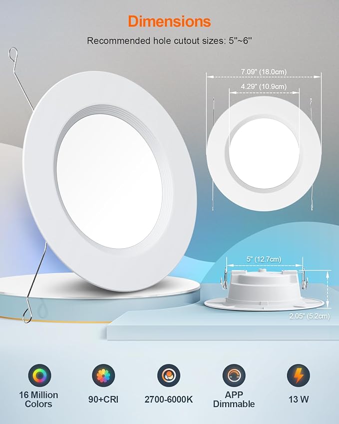 DUSKTEC Smart Recessed Lighting 6 Inch - RGBCW Color Changing LED 13W Can Light Retrofit Recessed Lights 1050 Lumen Dimmable Recess Light Compatible with Alexa & APP Recess Ceiling Lights 6 Pack