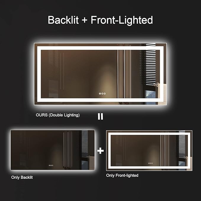 Amorho LED Bathroom Mirror, 60" X28" Front-lit + Backlight Mirror for Wall, Dimmable Vanity Mirrors, Anti-Fog, Memory, 3 Colors Lighting, Shatterproof, ETL Listed