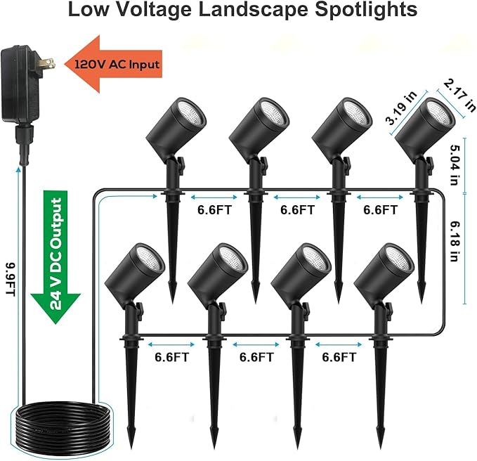 ZYAN Die-Cast Aluminum Landscape Spotlights, 6W 600LM 2700K Warm White, Low Voltage IP65 Waterproof Outdoor Landscape Lighting for Patio Garden Yard Path, 8 Pack