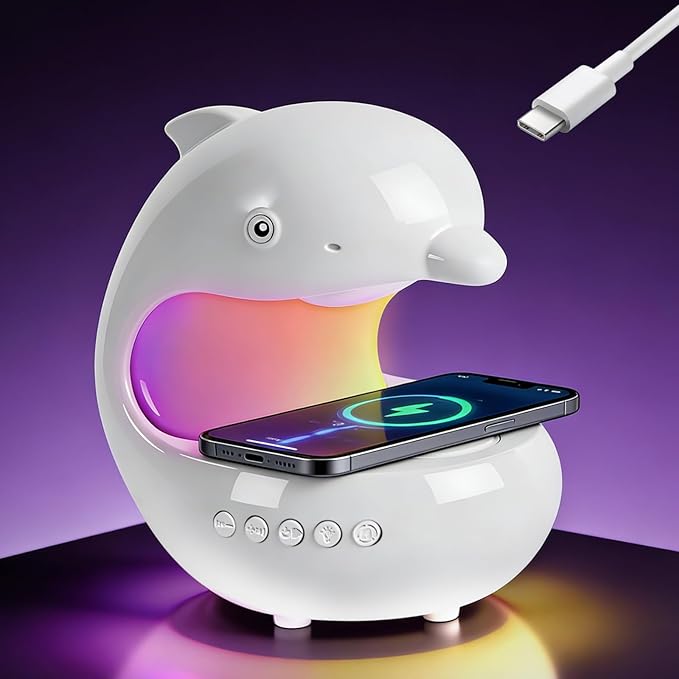 Smart LED Night Light with Bluetooth Speaker, Rechargeable Table Lamp with 15W Wireless Charging | 4 Lighting Modes | Timing | Dimmable Atmosphere Lamp for Bedroom, Home Decor, Party, Office