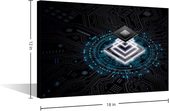 TUMOVO CPU Concept Wall Art Painting on Canvas Technology Digital Art Bedroom Wall Art Modern Home Decor Computer Chip House Decorations for Living Room Pictures Stretched Frame, 18x12in