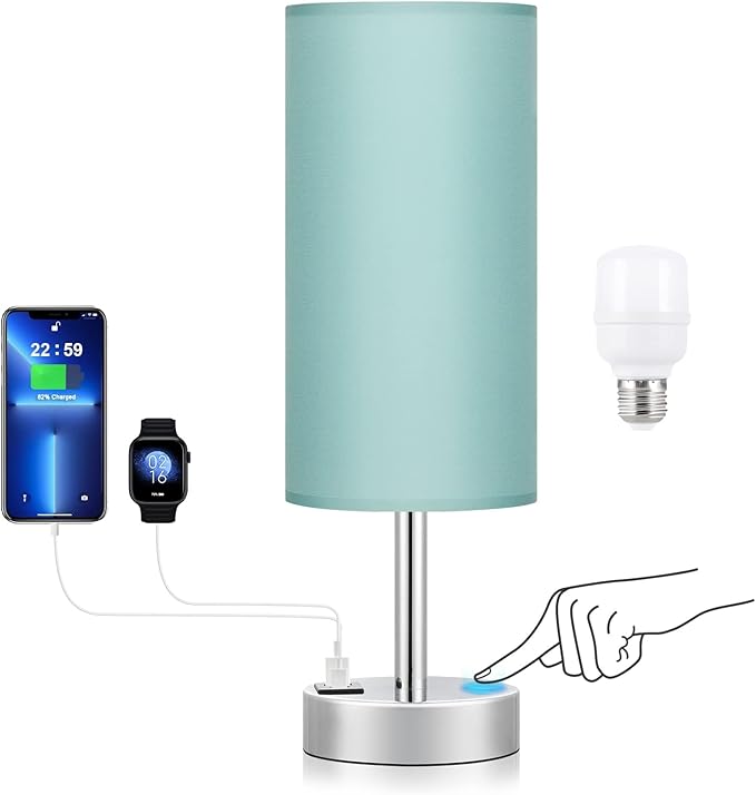Dicoool Teal Touch Bedside Lamps for Bedroom - Small Coastal Nightstand Lamp with USB-C and USB A Charging Ports, 3 Way Dimmable Control Table Lamp for Office, Dorm with Fabric Shade Silver Base