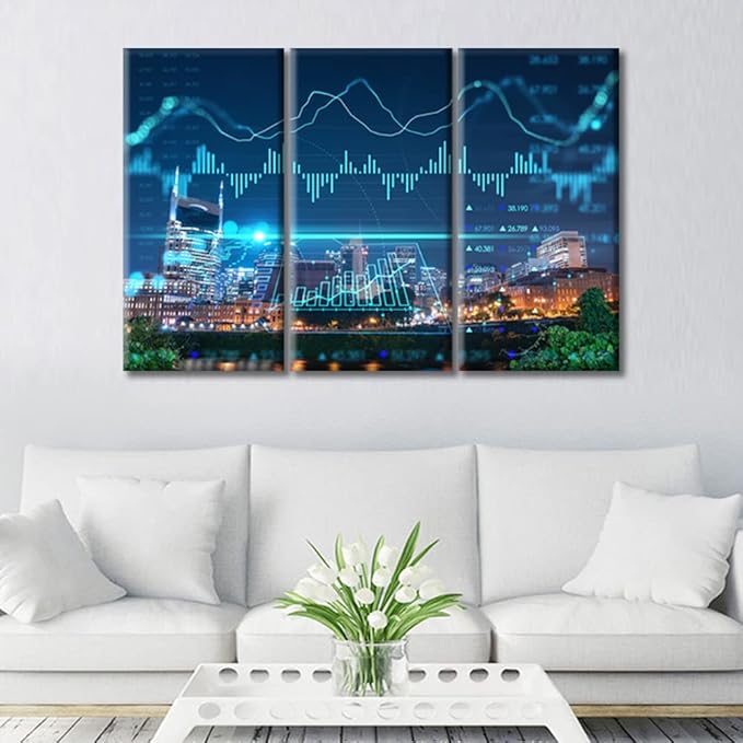 TUMOVO Forex Candlestick Graph Hologram Pictures Wall Decor Posters and Prints 3 Panels Concept of Internet Trading Brokerage and Analysis Decor for Bedroom Framed Ready to Hang (42" Wx28 H)