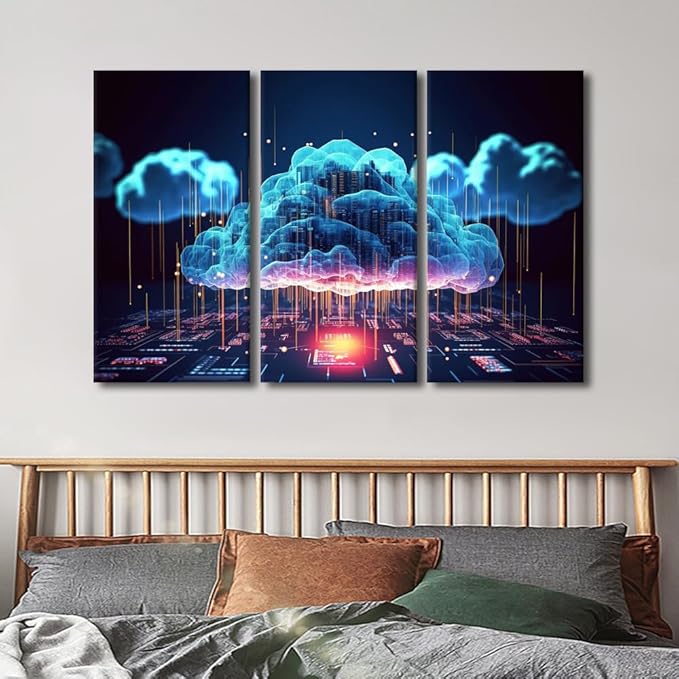 TUMOVO 3 Panel Canvas Wall Art Cloud Networking, Crypto, AI, Firewall Network Security Pictures Print on Canvas Wall Art for Home Decorations, Wooden Framed Ready to Hang, 60" Wx40 H