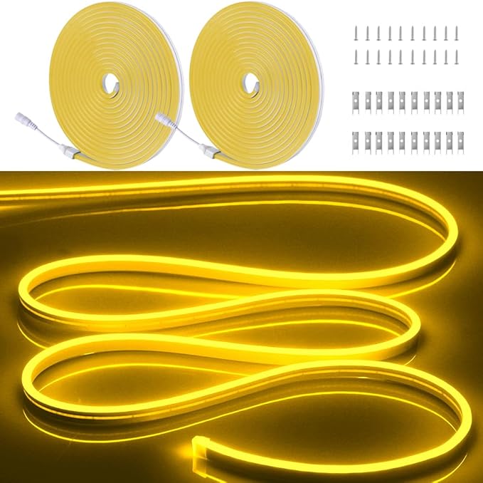 Neon Light Strip/32.8FT/10M Flexible and Waterproof LED Rope Light with Mounting Clips for Indoor & Outdoor Use, [Power Adapter Not Included] Yellow
