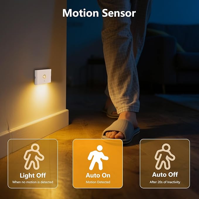 Rechargeable Stair Night Lights Indoor with Motion Sensors, Small Battery Powered Stairway Lights for Bathroom, Hallway, Underbed, Toilet, Magnetic Mount, 4 Pack