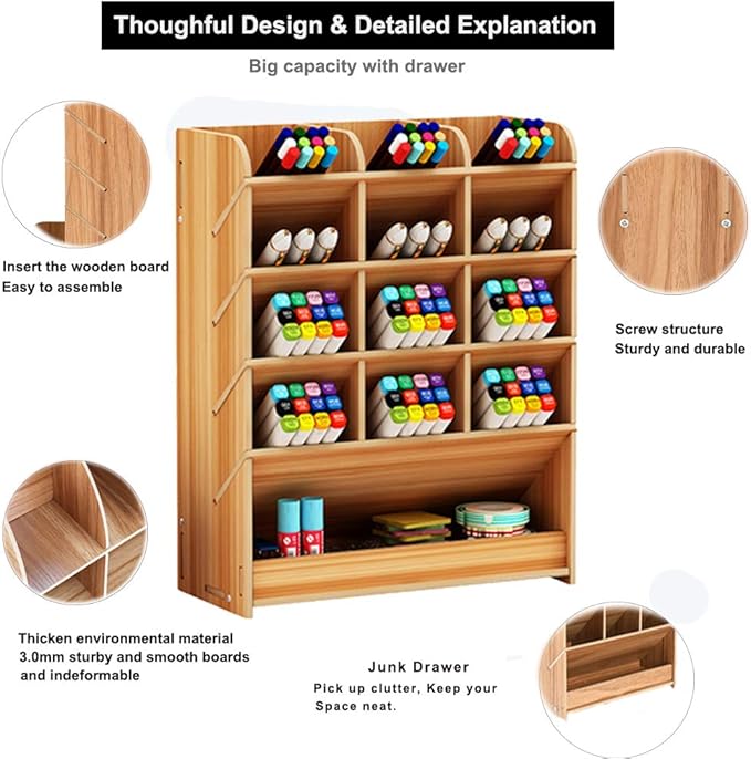 Marbrasse Wooden Pen Organizer, Multi-Functional DIY Pen Holder Box, Desktop Stationary, Easy Assembly, Home Office Art Supplies Organizer Storage with Drawer (B12-Cherry Color)