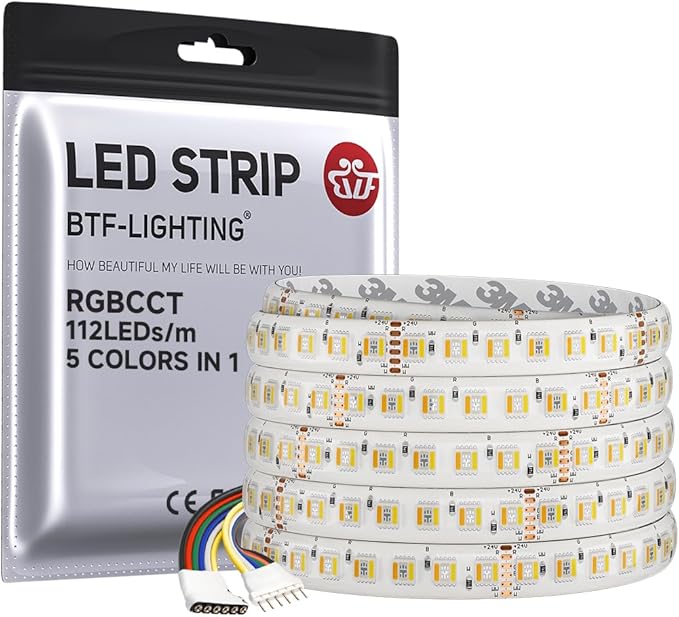 BTF-LIGHTING Highest Density RGBCCT 5 Colors in 1 LED 5050SMD RGB+ Tunable Color Temperature 2700K-6500K 16.4ft 112LEDs/m DC24V Multi-Colored IP65 12mm Width (No Adapter or Controller)