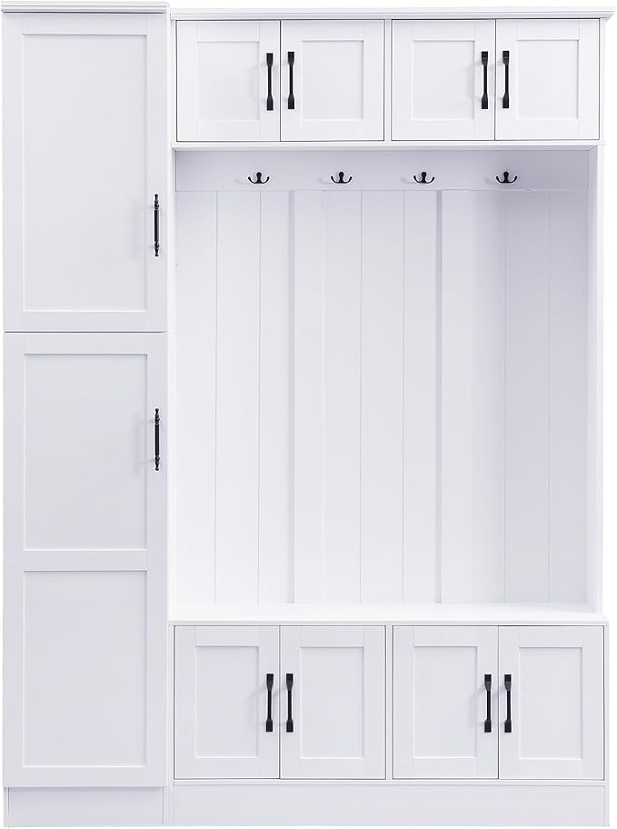 79-inch Modern Hall Tree with Shoe Storage - 4-in-1 Entryway Organizer with 6 Storage Cabinets, 4 Coat Hooks & Adjustable Shelf for Hallway, Living Room (White)