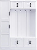79-inch Modern Hall Tree with Shoe Storage - 4-in-1 Entryway Organizer with 6 Storage Cabinets, 4 Coat Hooks & Adjustable Shelf for Hallway, Living Room (White)