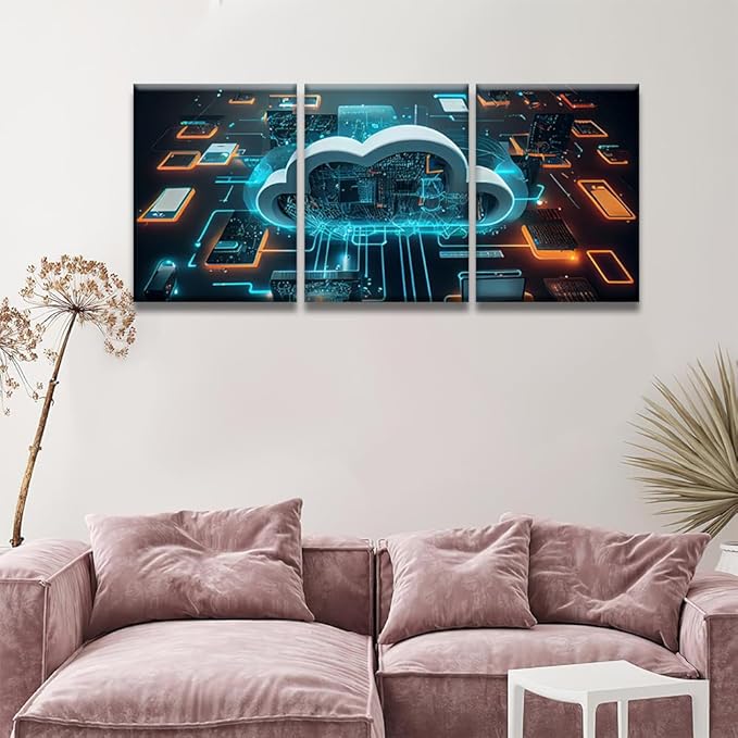 Canvas Art Wall Decor for Bedroom Cloud Technology,Cloud Computing Art Prints Canvas Art Wall Painting Artwork for Walls Canvas Wall Decor Bedroom Wall Decor Framed Ready to Hang 12x16inchx3