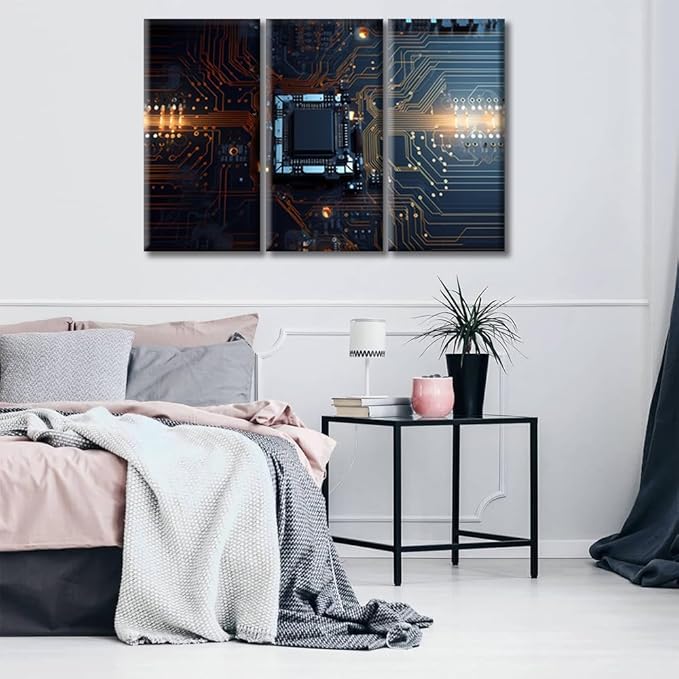 Chip Wall Art for Bedroom 3 Panels Computer Processors CPU Concept Canvas Painting Circuit Board Pictures Wall Art for Living Room Contemporary Home Decor Stretched on Wooden Frame (36" Wx24 H)