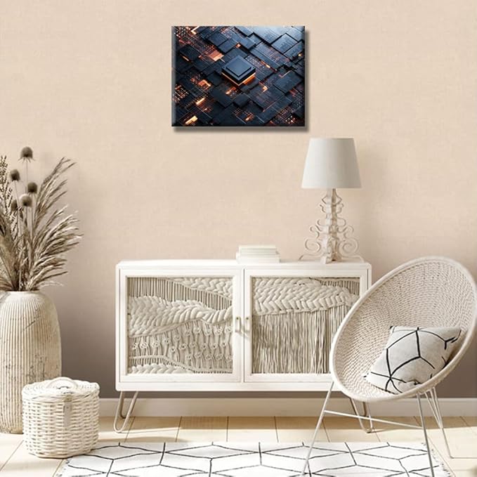 Abstract Design Canvas Wall Art Decor Central Computer Processors CPU Pictures for Bedroom Digital Age Office Wall Art Framed Circuit Board Modern Artwork for Living Room Bedroom 12x16 INCH