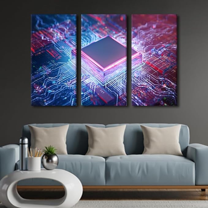 Canvas Wall Art 3 Panels Computer Processors CPU Modern Home Decor CPU Concept Canvas Paintings Contemporary Art for Bedroom Living Room Office Posters and Prints Framed Ready to Hang(40"Wx60"H)