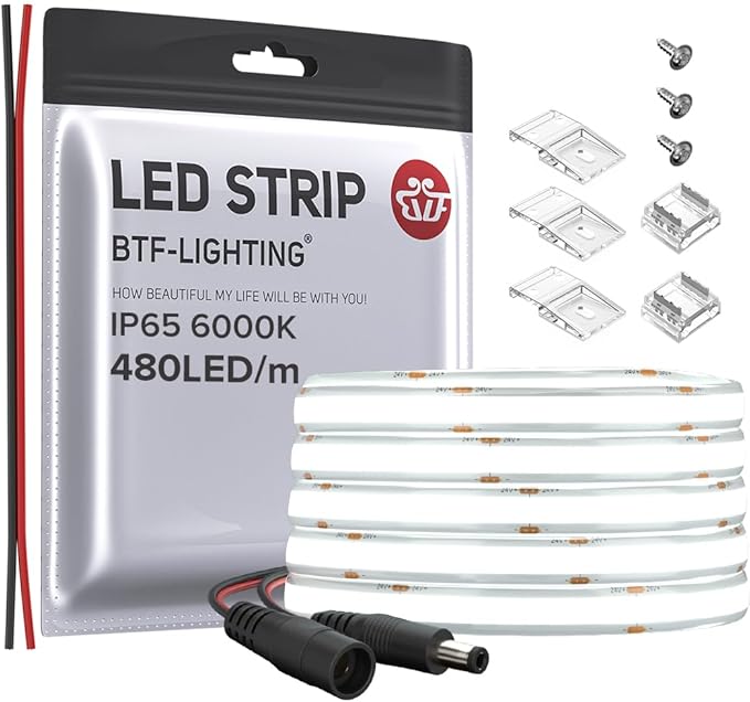 BTF-LIGHTING FCOB COB LED Strip IP65 480LED/m Flexible High Density Uniform Light 9W/m 16.4FT DC24V Daylight White 6000K CRI 90+ 8mm Width for Home Indoor Decor(No Adapter or Controller)