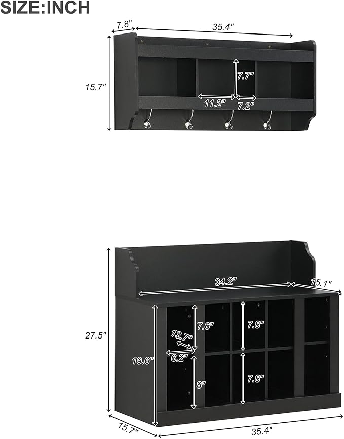 AMNOOL Modern Hall Tree with Shelves and 4 Hooks with Wall Mounted Coat Rack Shoe Storage Bench with Ten Storage Compartments Adjustable Shelves for Hallway, Foyer, Mud Room (Black)