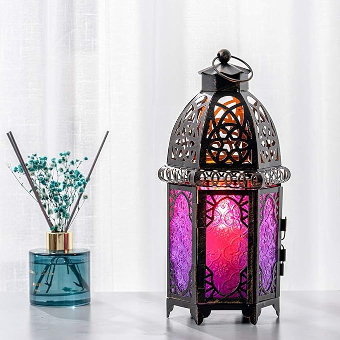 DECORKEY Halloween Decorations Indoor, Purple Decorative Candle Lantern for Moroccan Light Decor, 12.8’’ Vintage Metal Hanging&Tabletop Lantern, Ramadan Lantern for Home Outdoor Patio(Purple)