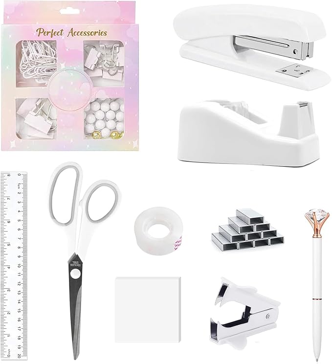 suniya Office Supplies,Desk Accessories,Tape Holder,Stapler,Scissor,Staple Remover,Box of Binder Clips,Staples,Ballpoint Pen,Sticky Notes,Clear Tape,Ruler,Office Supplies Set(White)