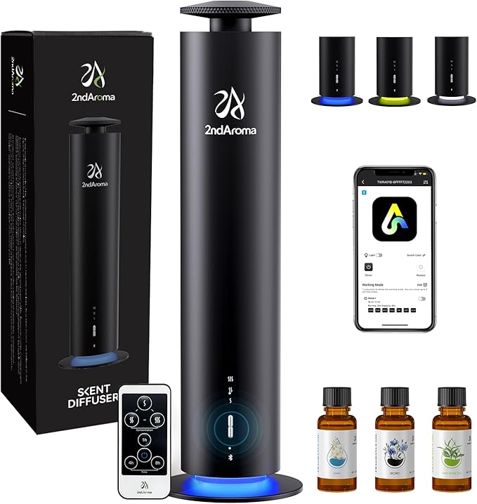 Waterless Scent Diffuser Starter Kit, Diffusers for Home Office Hotel 1000 Sq Ft Coverage, Cordless Essential Oil Diffuser Large Room with 3 Mood Lights, 3 Scent Oils, App Control, Black