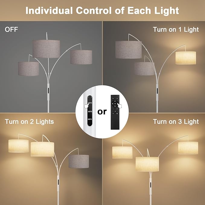 36W Dimmable Floor Lamp - 3 Lights Arc Floor Lamps Standing Lamp with Remote & Touch Control, Tall Lamp for Living Room Corner, Bedroom, Office