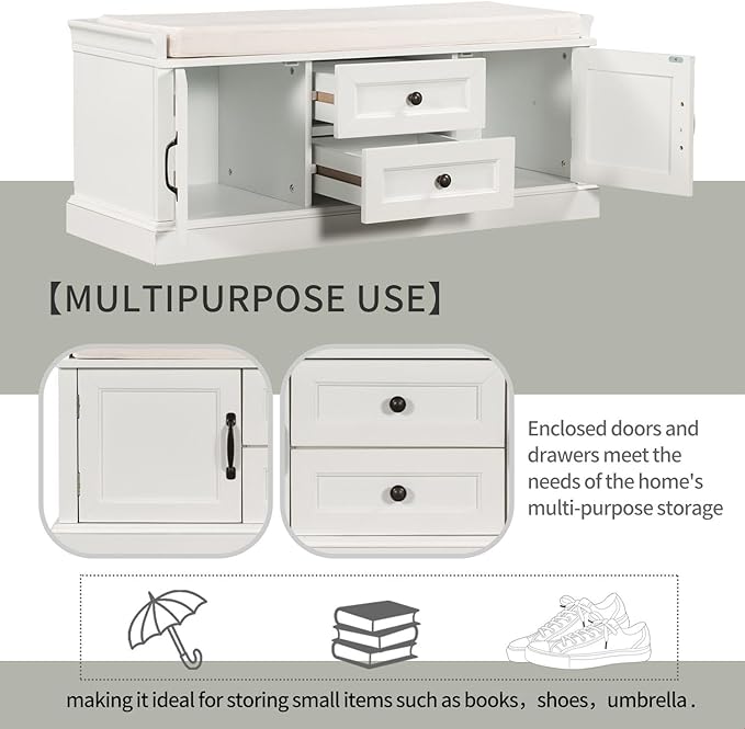 GDFStudio Rustic Storage Bench with 4 Doors 2 Draws Adjustable Shelves Removable Cushion Rectangular Cabinet Foot Rest Stool Solid Wood Shoe Bench Seating for Entryway Living Room, White