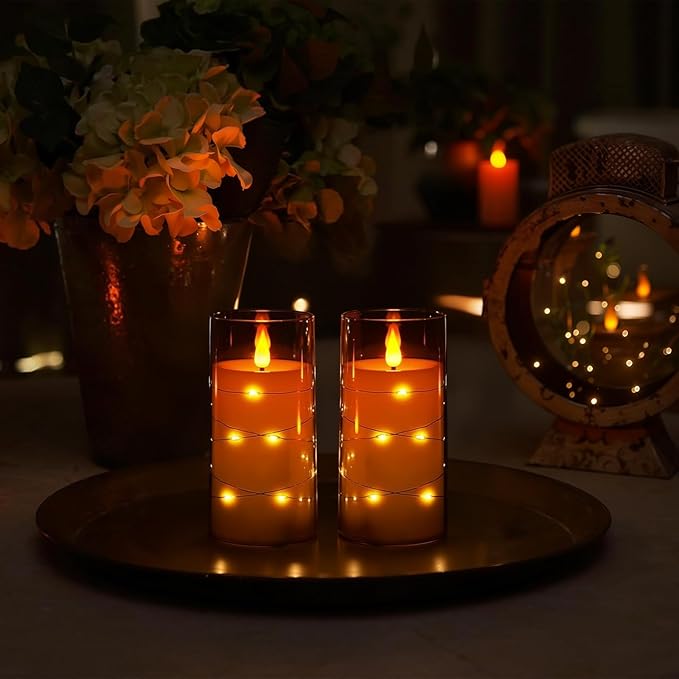 Homemory Flameless Candles with Embedded Star String Fairy Lights, Battery Operated Candles, LED Candle, Fake Candles with Remote Control and Timer, Grey, Set of 2(H 6" 6")