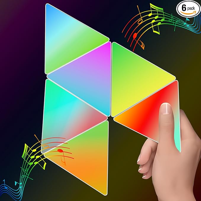 Smart RGB Modular Hex Light Panels LED Splicing Hexagon Bright Mood Wall Lamp Music Sync Creative DIY Geometric Gaming Lights Honeycomb Shape Panel Assembled Nightlight 6.3" Triangle-RGB- 6pcs