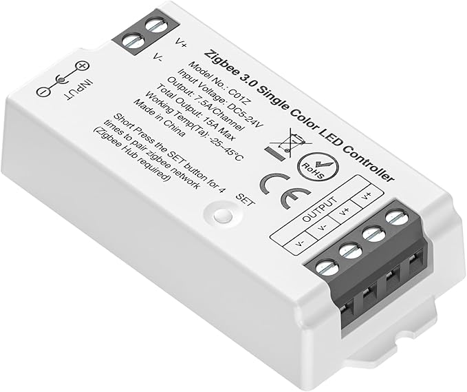 BTF-LIGHTING Tuya Zigbee 3.0 C01Z Controller Support Single Color 2 pin (-V +V) PWM LED Strip Bulb Compatible with Echo Plus/4th Gen Tuya Gateway DC5V/DC12V/DC24V Max 15A