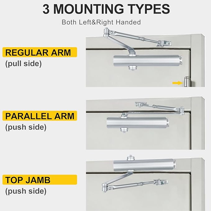 Grade 1 Commercial Door Closer, Heavy Duty Hydraulic Automatic Closer, Cast Aluminum, Self-Closing, Adjustable Size 1-6, UL Listed, ADA Compliant, 3 Mount Types, DC-7