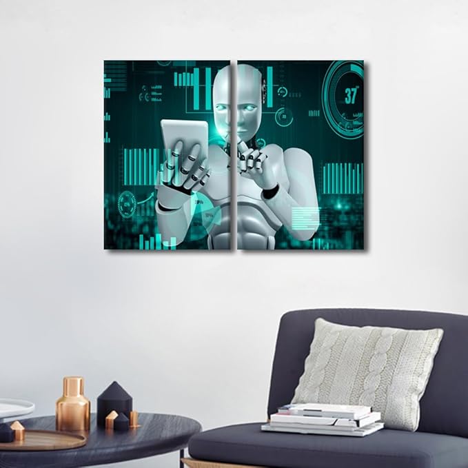3 Pieces AI Intelligence Wall Art for Living Room Robot Paintings on Canvas Pictures Giclee Artwork Modern Home Decor Framed Stretched Ready to Hang Sports Posters, 24" Wx16 H