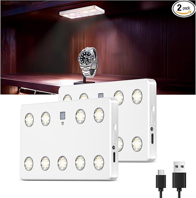 VST 9-LED Motion Sensor Cabinet Light, Ultra-Thin Magnetic Under Cabinet Light, USB Rechargeable, Warm White, 2-Pack, Ideal for Cupboards, Gun Safe, Closet, Car Trunk, Kitchen, Garage,Pantry,Wardrobe