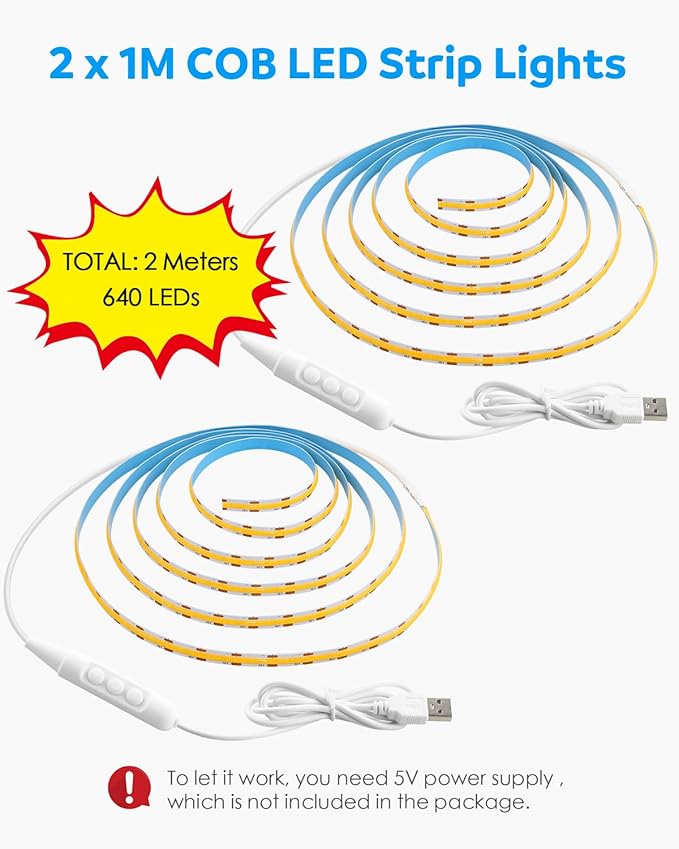 Aclorol COB LED Strip Light 5V USB Dimmable LED Strip Light 3000K Warm White 3.28FT Rope Lights Flexible and Cuttable for Bedroom Wardrobe Kitchen Cupboard Staircase Home DIY Lighting 320LEDs (2 PACK)