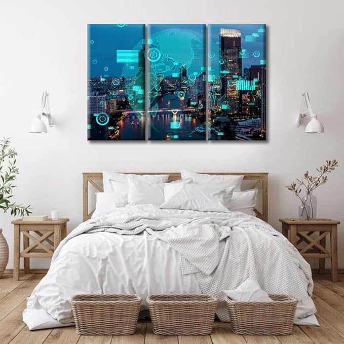 TUMOVO Artificial Intelligence Versus Big Data Pictures Wall Decor for Living Room 3 Piece Business Data Analytic Interface Smart City Black and White Wall Art Framed Ready to Hang (60" Wx40 H)