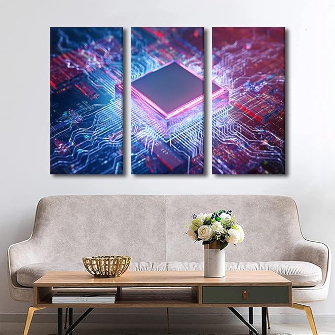 TUMOVO Black and White Wall Art 3 Panels Computer Processors CPU Canvas Wall Art Wall Decor Living Room CPU Concept Poster Artwork Rustic Decoration for Bedroom Decor Framed Ready to Hang(28" Wx42 H)
