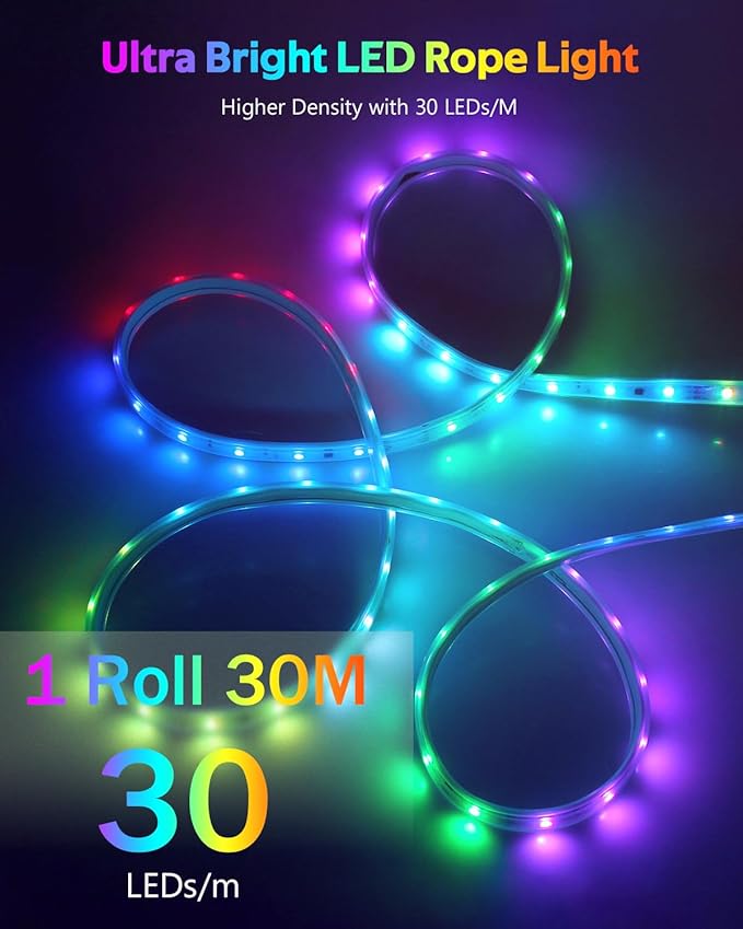 ALITOVE Permanent Outdoor LED Strip Lights 100FT Waterproof 24V RGB IC LED Strip Lights Addressable LED Rope Lights IP67 Music Sync with Remote APP Control for Wall Patio Eave Garden Pool Party Decor