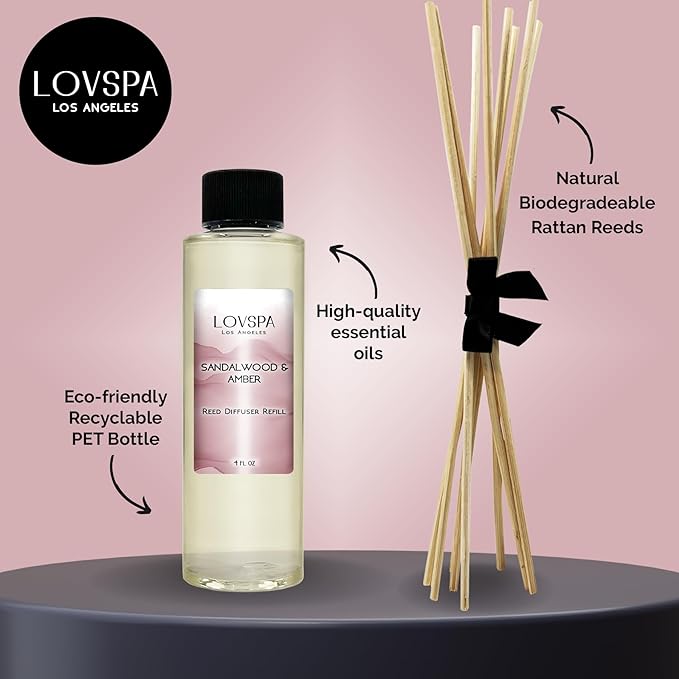 LOVSPA Sandalwood & Amber Diffuser Oil - Luxury Essential Oils for Diffuser Refill & Air Freshener Room Spray - Long-Lasting & Natural Home Fragrance, Scented Oil for Diffusers, USA Made, 4oz