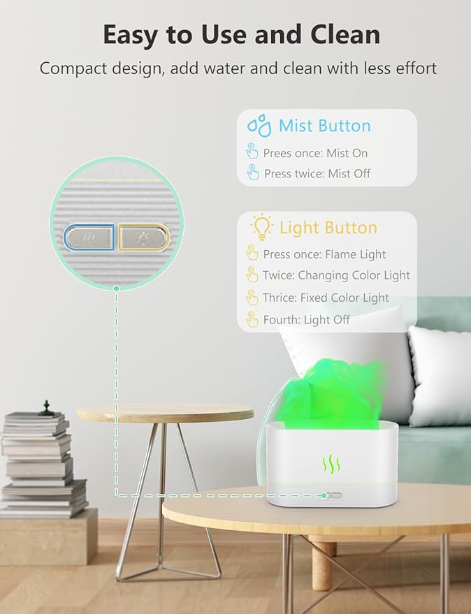 Air Humidifier, Essential Oil Diffuser with Led Flame Light - 7 Colors, 180mL Capacity (8 Hours), Noiseless Operation, Auto-Off Protection - Perfect for Home Bedroom Office Gifts(White)