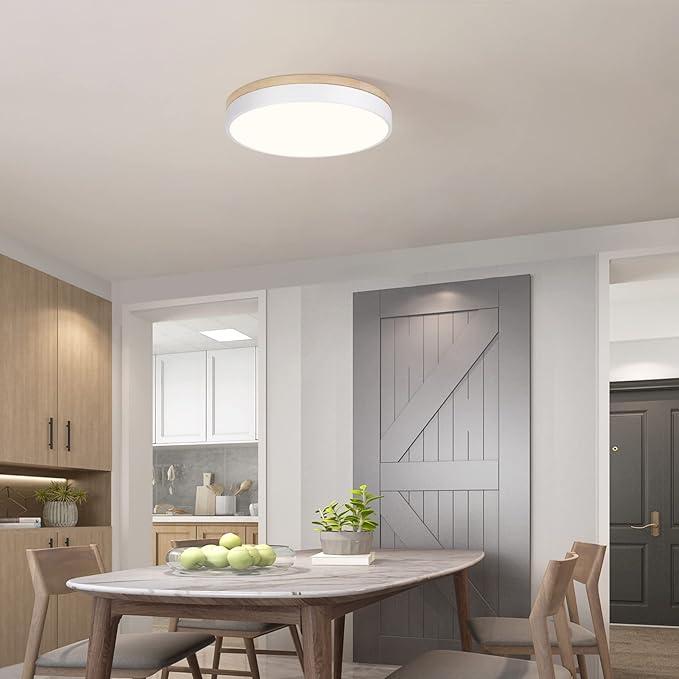 Dimmable Wood Oak Ceiling Light Fixture Modern White LED Flush Mount Ceiling Light 5CCT Minimalist Circle Close to Lighting Fixture for Bedroom Kitchen Bathroom Laundry Room 15.74 Inch