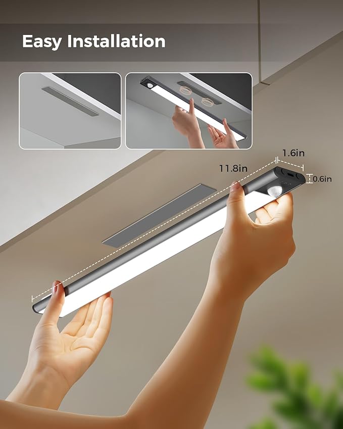 11.8in Motion Sensor Cabinet Light, 2 Pack Under Cabinet Lighting with 4 Modes (Auto Night/Day/Always On/Off), 3 CCT & Stepless Dimming, USB Type-C Charging, for Kitchen, Stairs