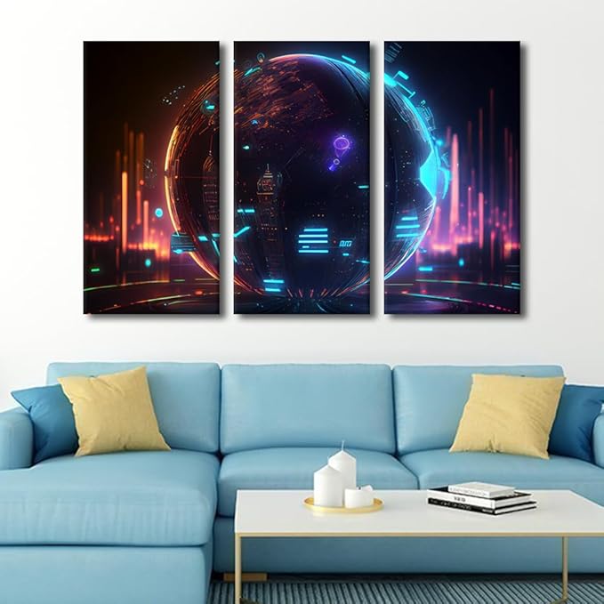 TUMOVO 3 Piece Future Energy Power Technology and Internet Connection Concept Pictures Print On Canvas Wall Art for Bedroom Living Room Decoration, Wooden Framed Ready to Hang, 60" Wx40 H