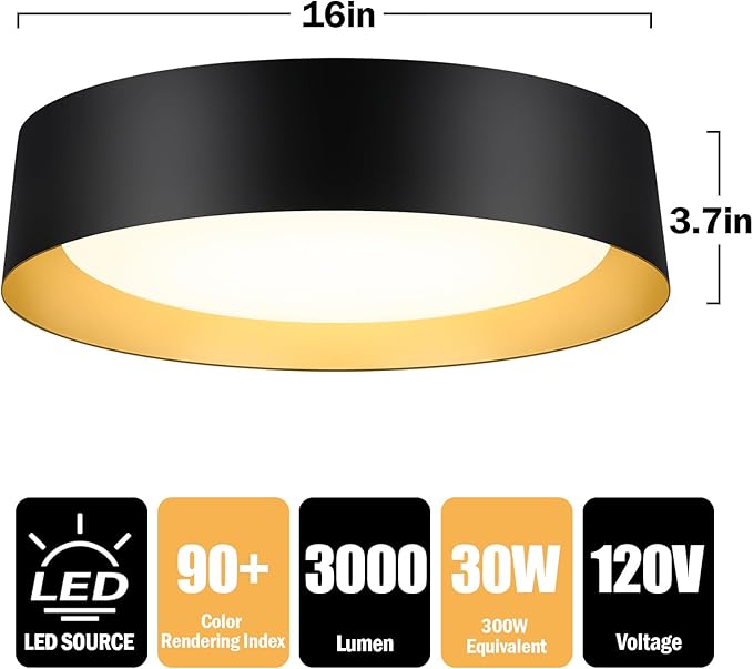 BrightHome 16in Flush Mount Ceiling Light, 3000LM 30W(300W Equiv), LED Ceiling Light Fixture 5CCT 2700K 3000K 4000K 5000K 6000K, Dimmable Ceiling Lamp for Bedroom Bathroom Hallway, Black and Gold