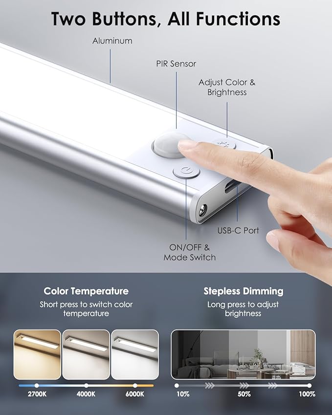 VerRon 14in Under Cabinet Lighting, 3200mAh Rechargeable Battery Powered Closet Lights with 3 Color Tempers 108 LED, Wireless Motion Sensor Light Indoor, Dimmable Lights for Kitchen, Stair, 5-Pack