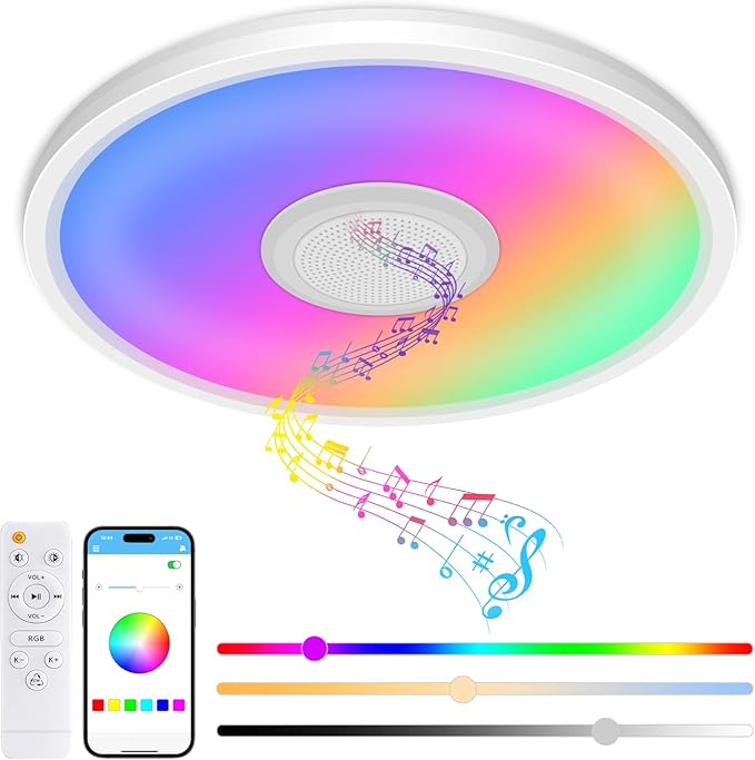 Zemty RGB Ceiling Light with Bluetooth Speaker, 24W 12Inch Smart Music Lights 3000K-6500K Dimmable with APP and Remote Control, Color Changing Led light Fixture Flush Mount for Bathroom Shower Bedroom