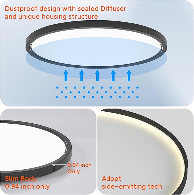 TALOYA Flush Mount Ceiling Light with Remote,3000K-6500K Adjustable,2000K Nightlight,15.8 Inch, Led Low Profile Ceiling Lights for Bedroom, Living Room, Kitchen, Black