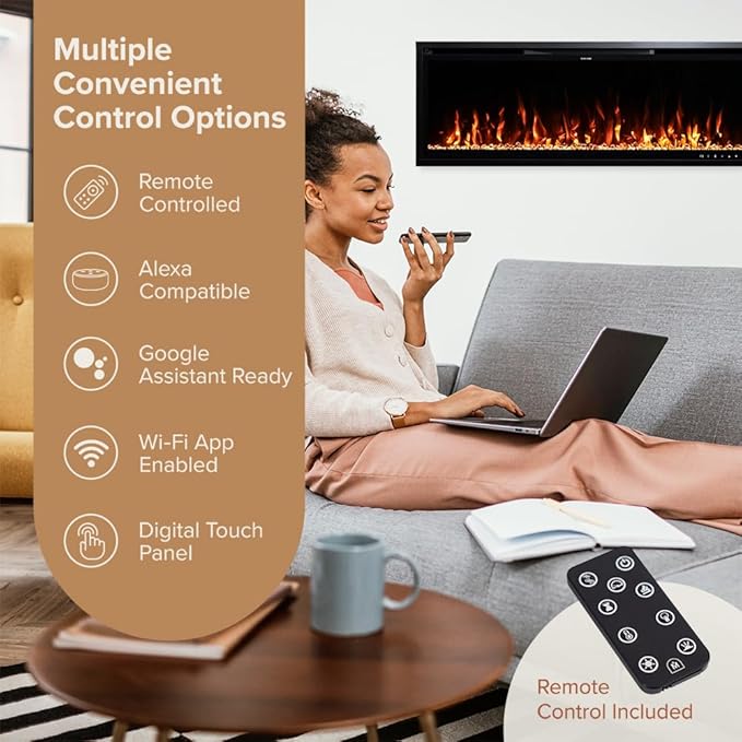 Modern Ember Aerus Slim 50 Inch Smart Linear Electric Fireplace | Recessed in-Wall or Wall-Mount | LED Multiple Flame Colors | Alexa/WiFi Enabled | 4.25” Profile | Remote Included